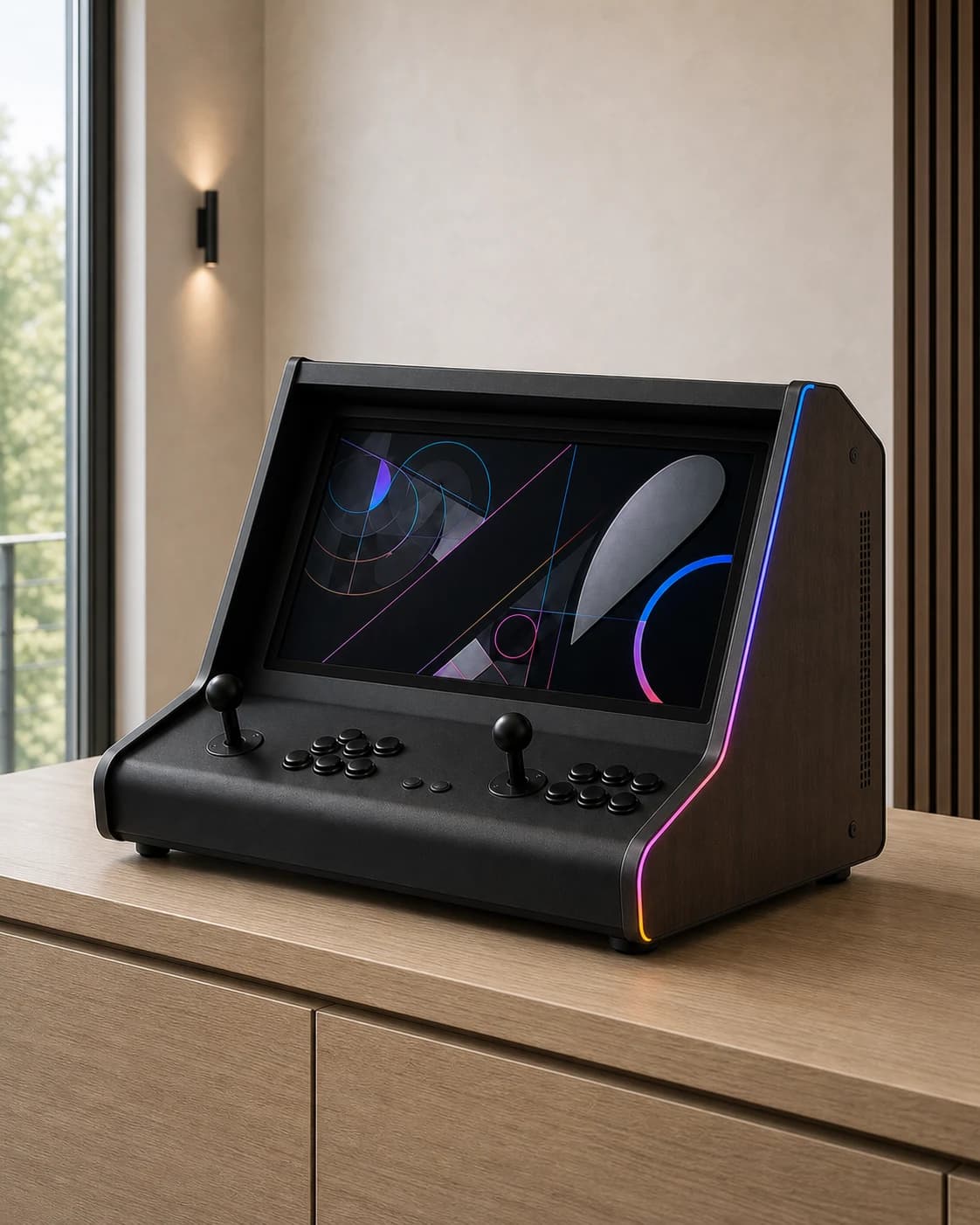 Brede donkere arcade-bartopkast met geïntegreerd scherm, twee joysticks en twee groepen actieknoppen
