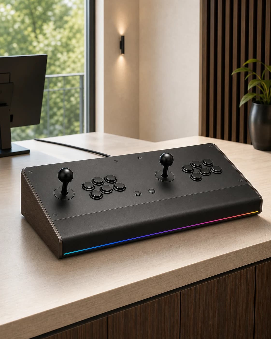 Breed donker arcadebedieningsdeck met twee joysticks en twee zessknopsclusters