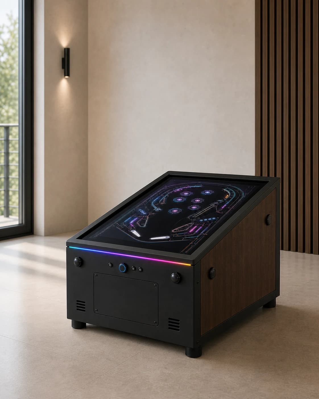 Compacte vrijstaande virtuele pinballkast met één laag digitaal speelveld en zonder backglass