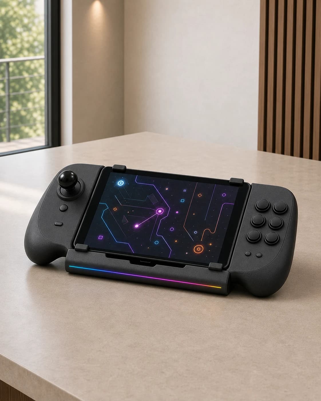 Donkere 1-speler arcadecradle met merkloos uitneembaar scherm, één joystick en zes actieknoppen