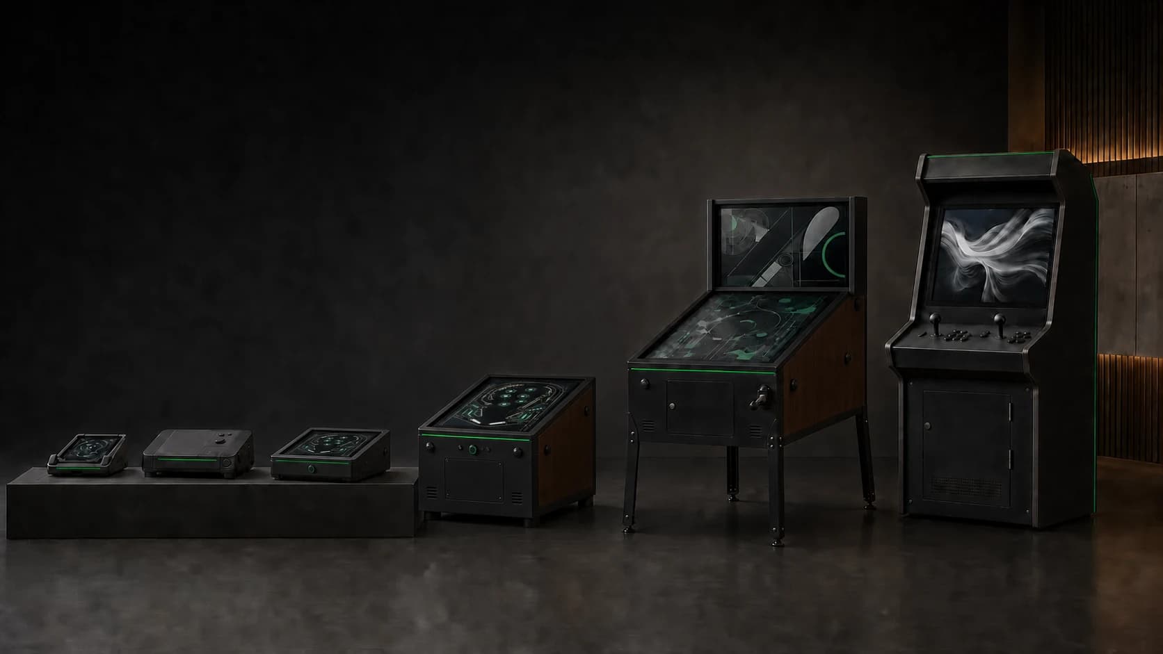 Een productfamilie die groeit van een telefooncradle tot full-size pinball en arcade