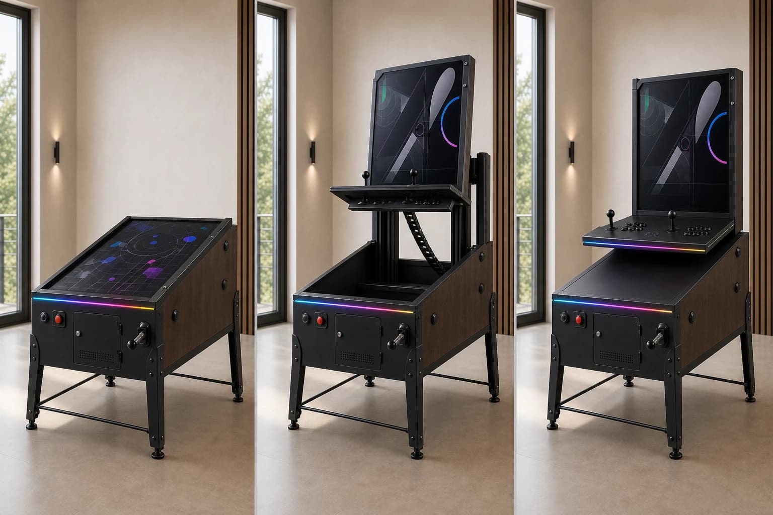 Hetzelfde 2-in-1 meubel in pinballstand, bewaakte overgang en arcadestand