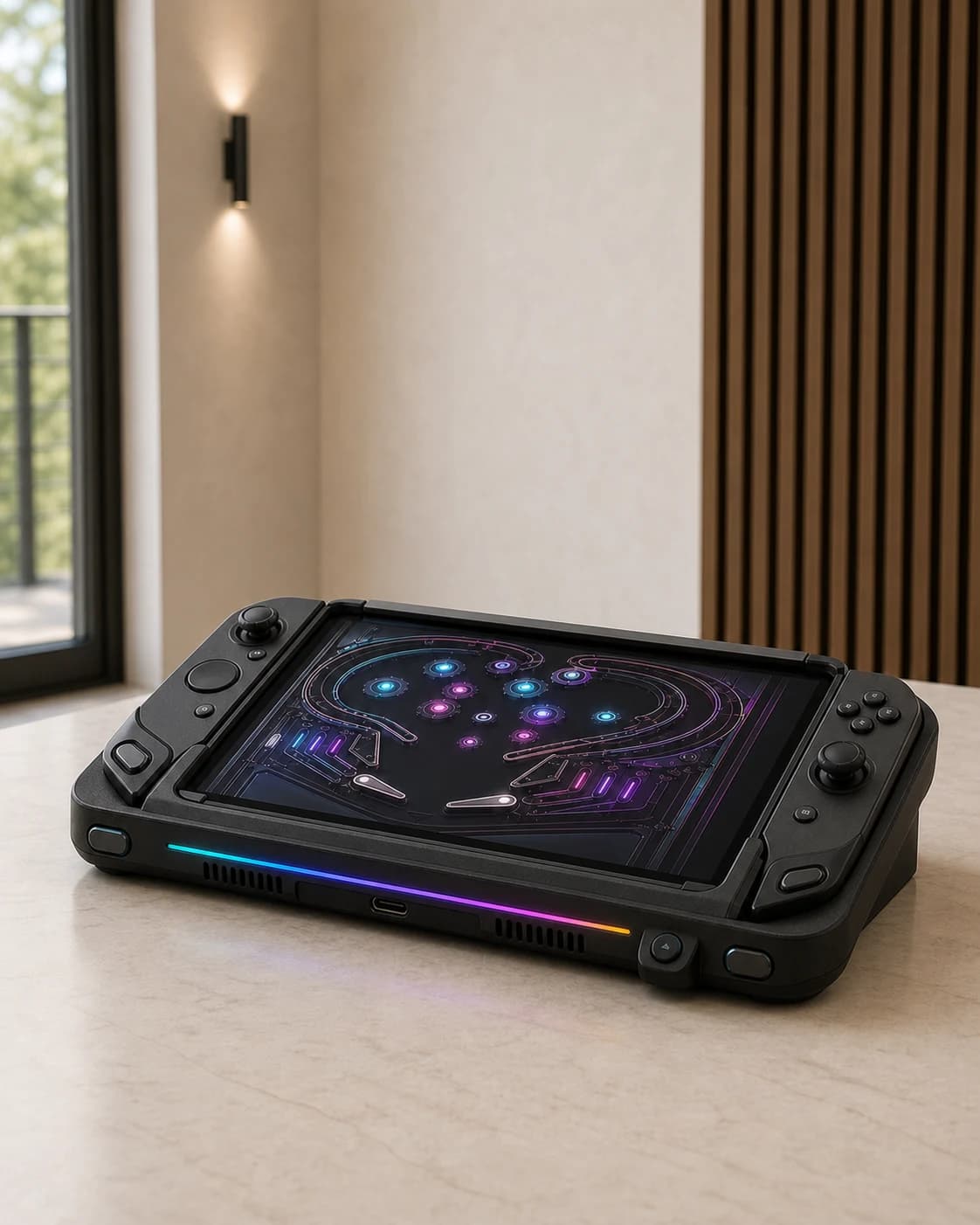 Donkere compacte pinballcradle waarin een merkloze handheldconsole vrijwel vlak als speelveld ligt