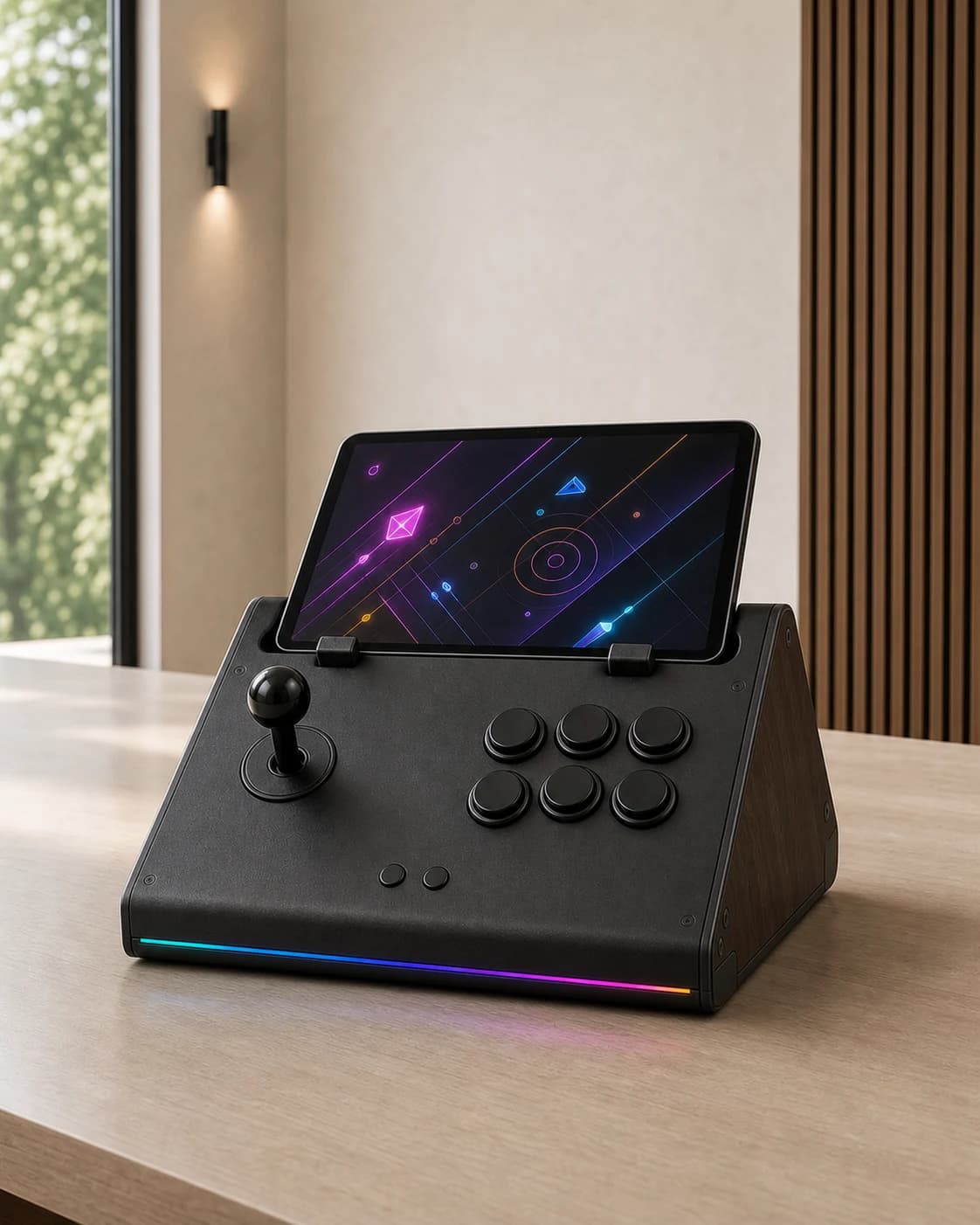 Donker 1-speler arcadepaneel met een merkloze tablet, joystick en zes actieknoppen