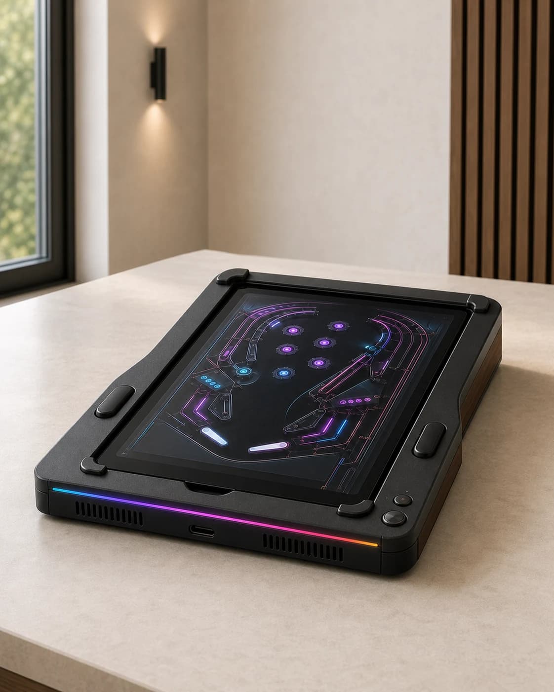 Donker tafelmodel waarin een tablet vrijwel vlak onder een lage pinballhelling als speelveld ligt