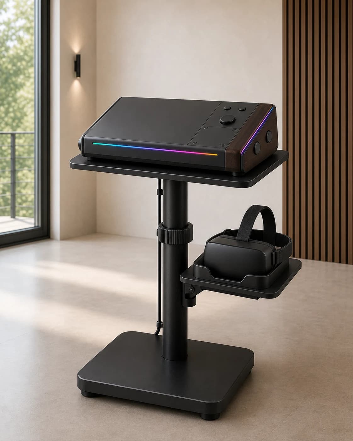 Donker pinballbedieningsdeck op een standaard met een generieke XR-headset ernaast